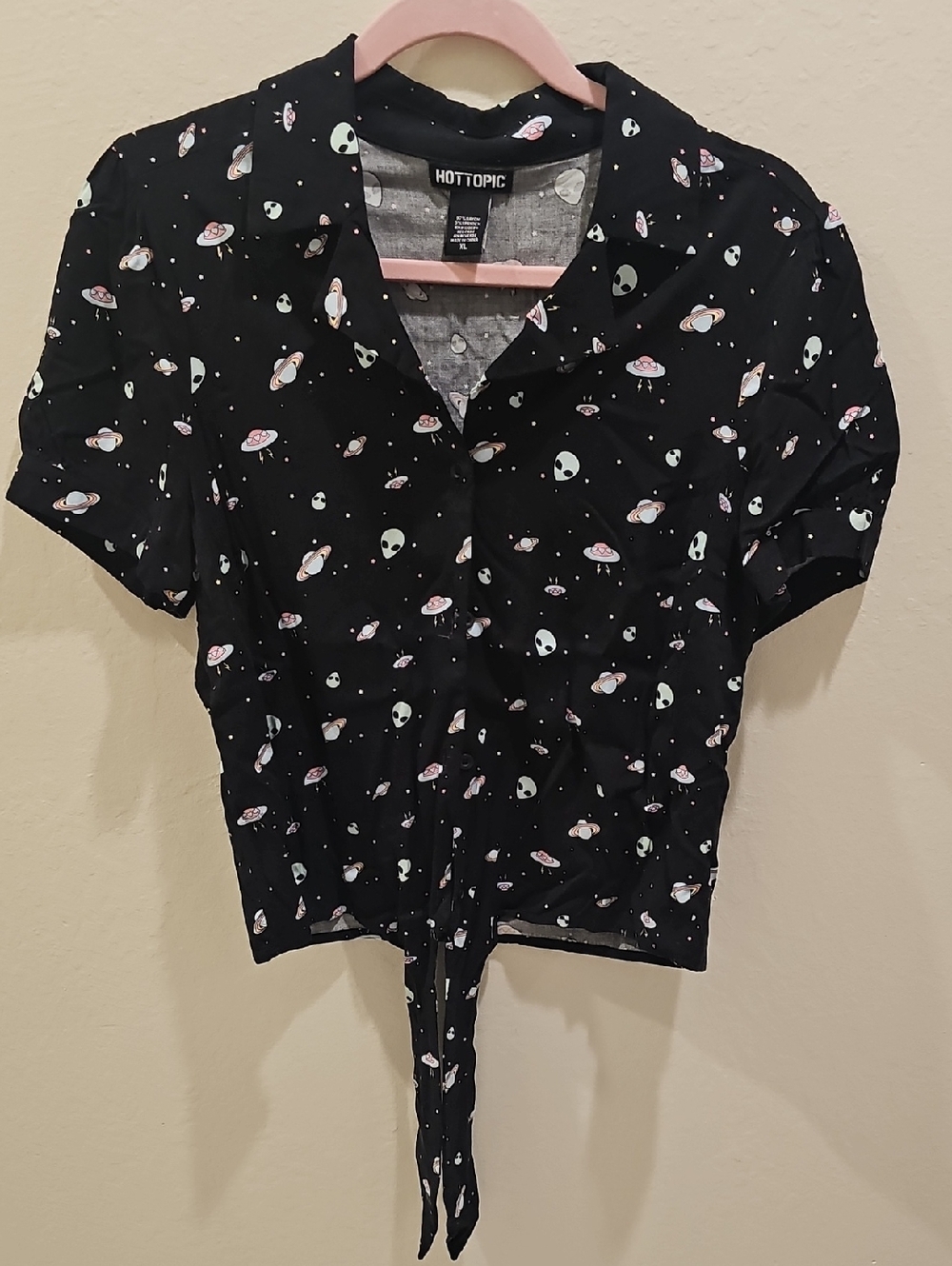 Hot Topic Black Alien & Planet Tie-Front Button-Up Blouse